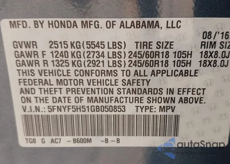 2016 Honda Pilot Ex-L z USA, uszkodzony, nr VIN 5FNYF5H51GB050853